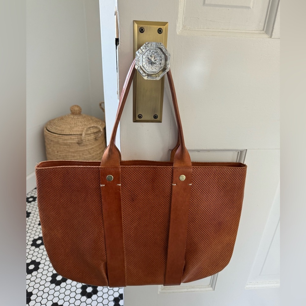 Clare V  La Tropezienne in perforated miel leather